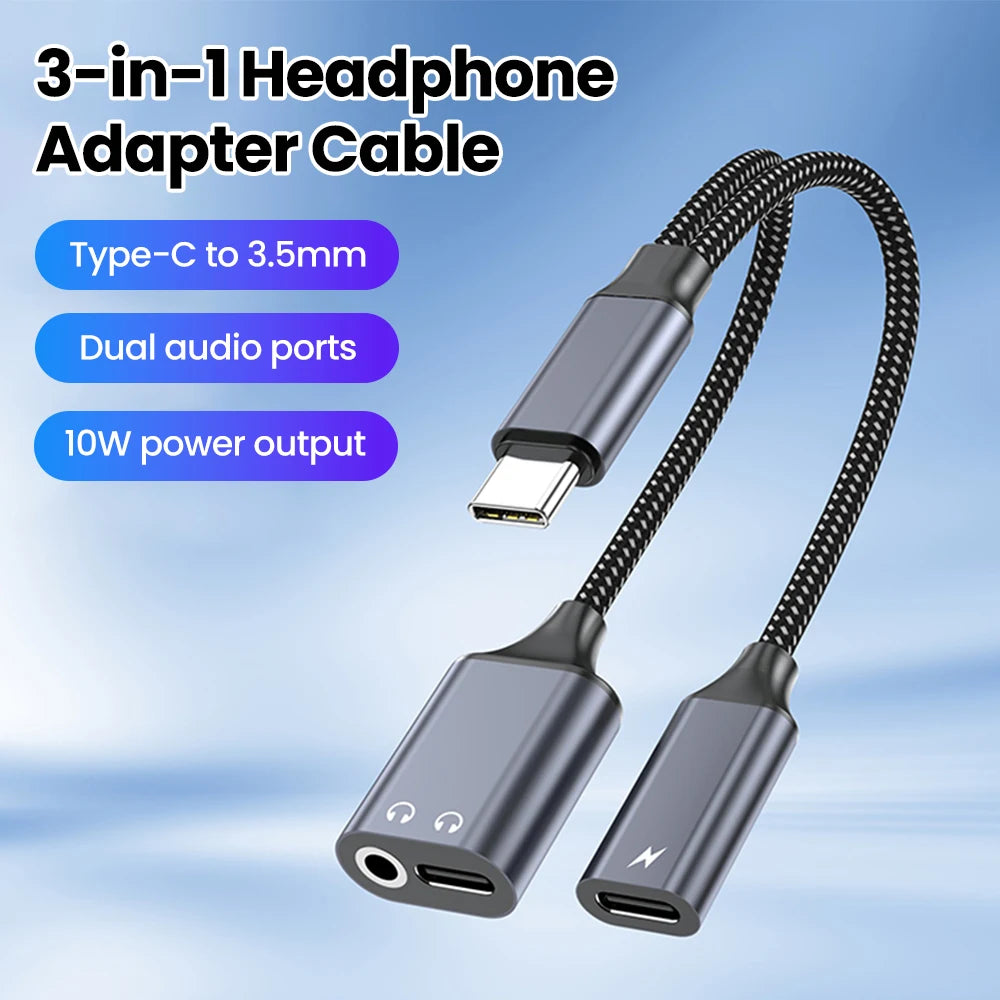 3 in 1 USB C Adapters Type-C to 3.5mm/Type-C Headphones+ Type-C Charging Connector For iPhone 15-17 Xiaomi Huawei Samsung Phones