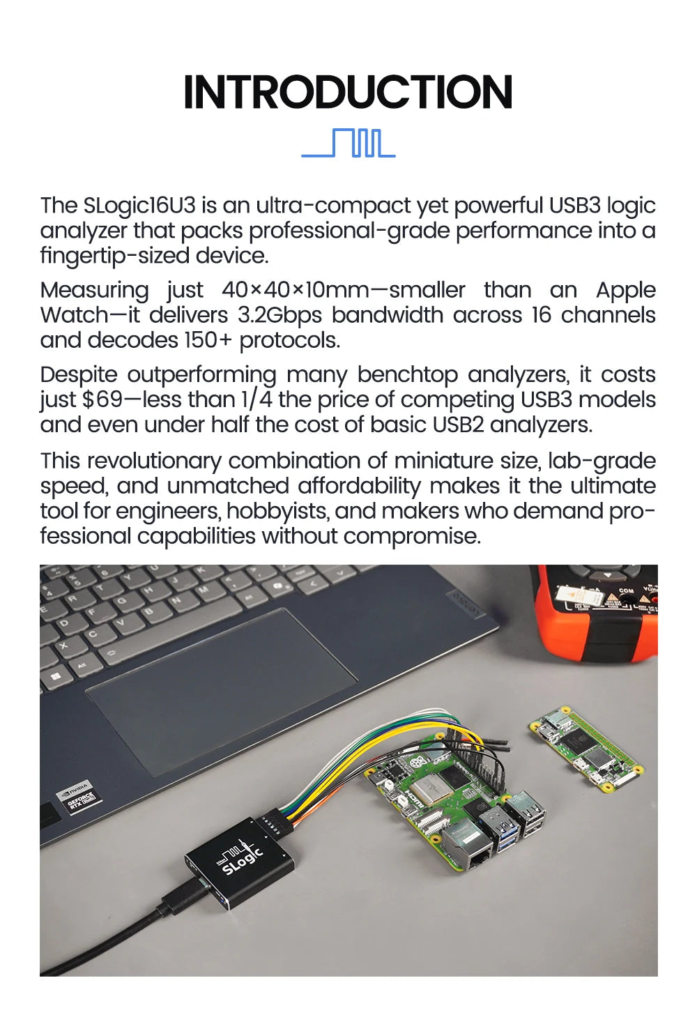 Sipeed SLogic16U3 16CH 800M Super-Speed Logic Analyzer Samplerate 5Gbps USB3 Adjustable Threshold For WIN MAC Linux