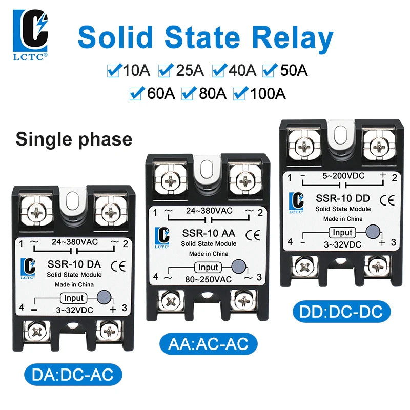 LCTC1PCS Single-phase Solid State Relay  DC to AC AC to AC DC to DC  Zero-crossing SSR 10A25A40A50A60A80A100A