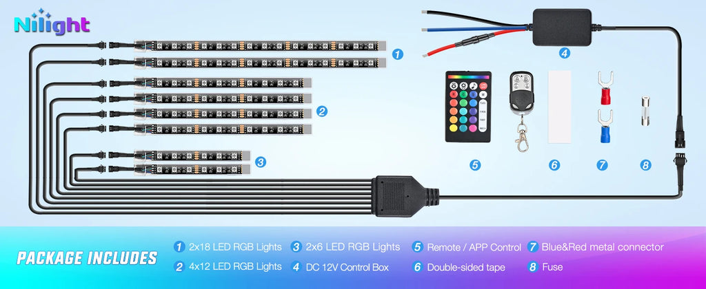 Nilight 8PCS Motorcycle RGB Led Light Kit Waterproof Multi-Color Atmosphere Lights Lamp with 4Key RF Wireless Remote for Harley Davidson Honda Kawasaki Suzuki