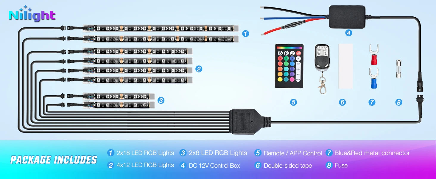 Nilight 8PCS Motorcycle RGB Led Light Kit Waterproof Multi-Color Atmosphere Lights Lamp with 4Key RF Wireless Remote for Harley Davidson Honda Kawasaki Suzuki