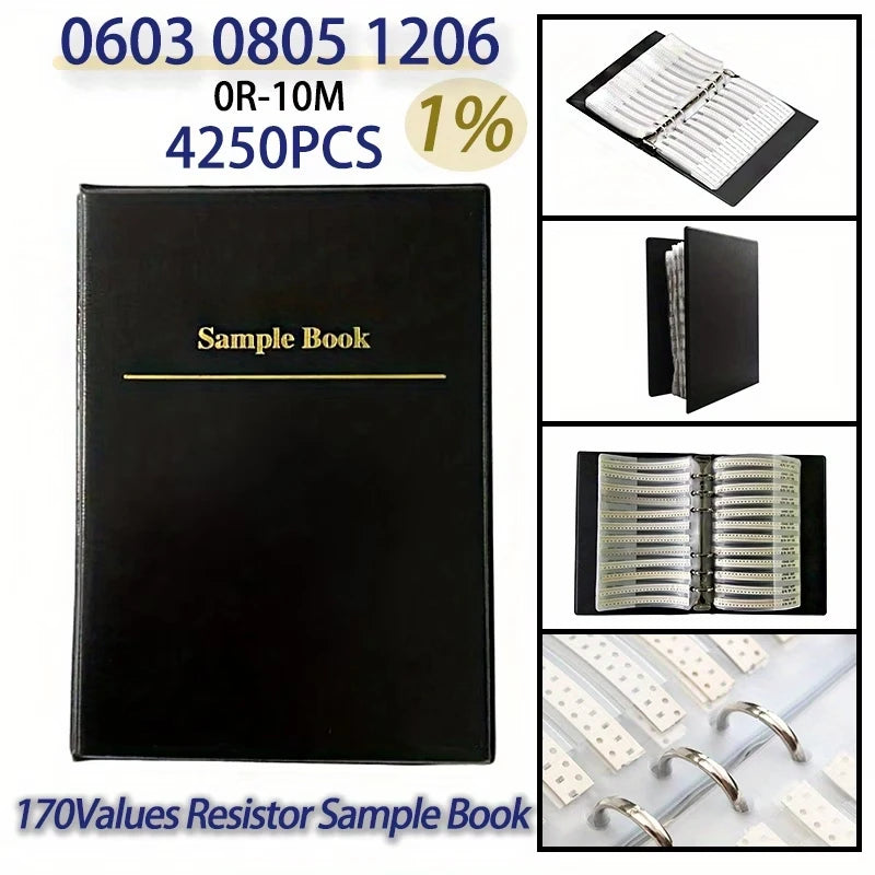 4250pcs SMD Resistor Sample Book • 0603 0805 1206 170 (25pcs Each) 1% Resistors Assortment Kit • 0Ω-10MΩ Values • Wire Sold