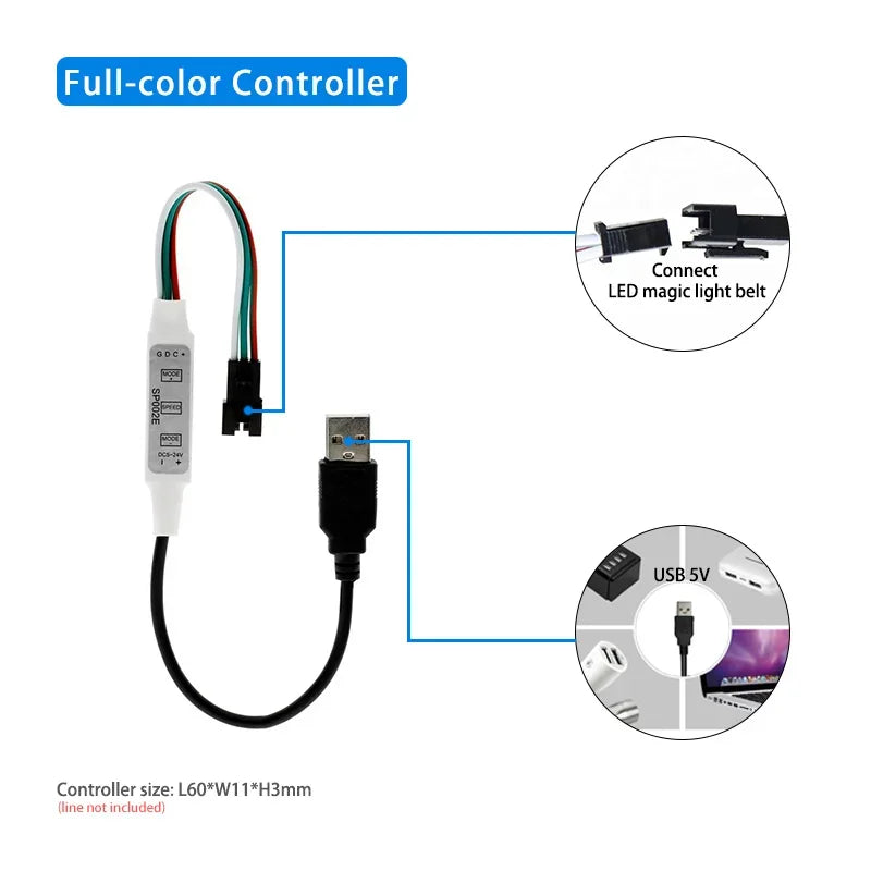 SP002E Mini 3Key LED Controller USB DC For RGBIC WS2812B UCS1903 SK6812 Addressable Pixels LED Strip Lights DC5V-24V