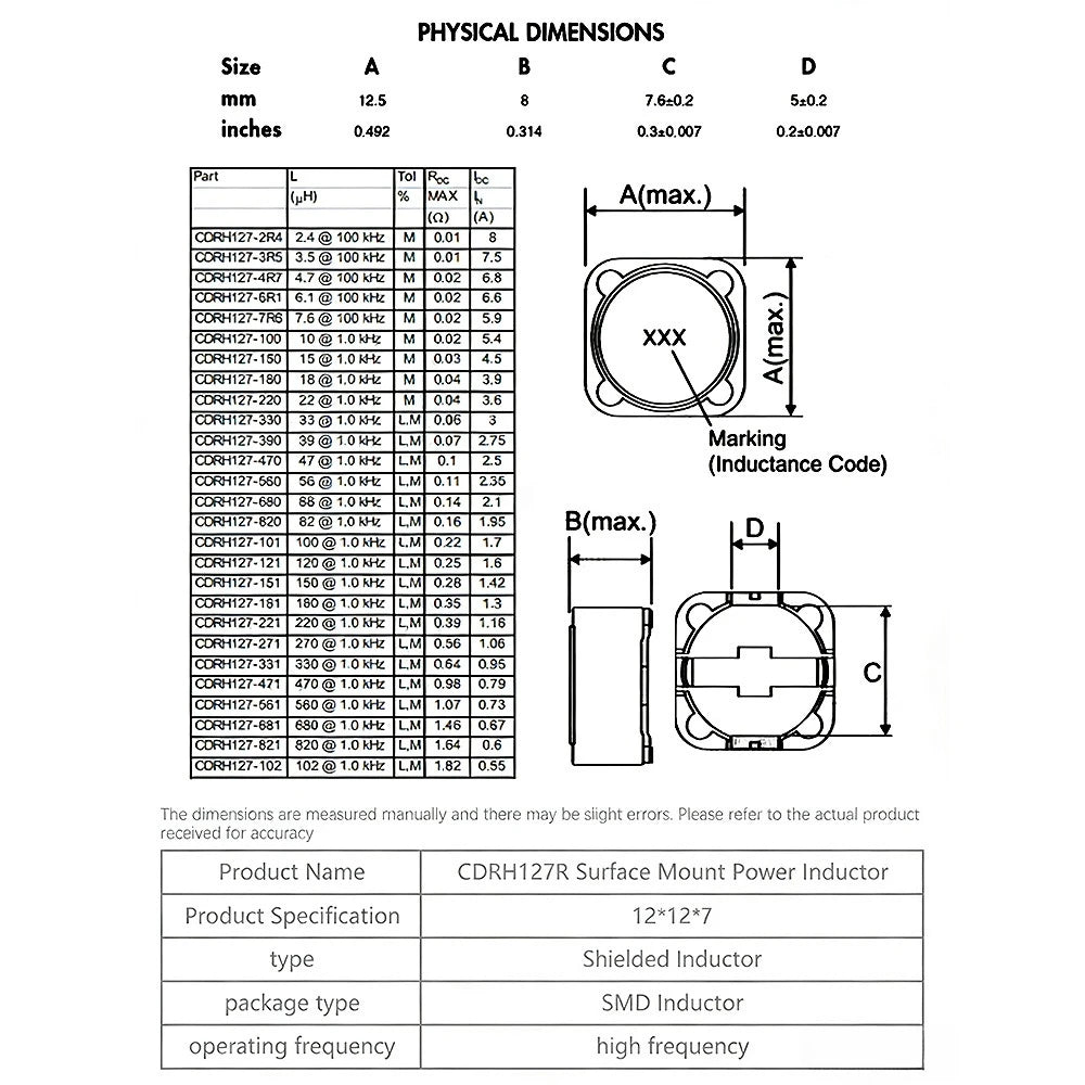 100PCS SMD Power Inductor CDRH127 CD127 1mH 2.2uH 3.3uH 4.7uH 6.8uH 10uH 15uH 22uH 33uH 47uH 68uH 100uH 101 UH Chip Inductor