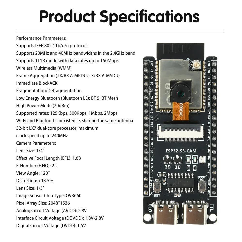 ESP ESP32-S3 CAM WiFi Bluetooth Development Board Module onboard ESP32-S3 N16R8 dual TYPE-C OV2640 /OV5640/OV3660 Camera