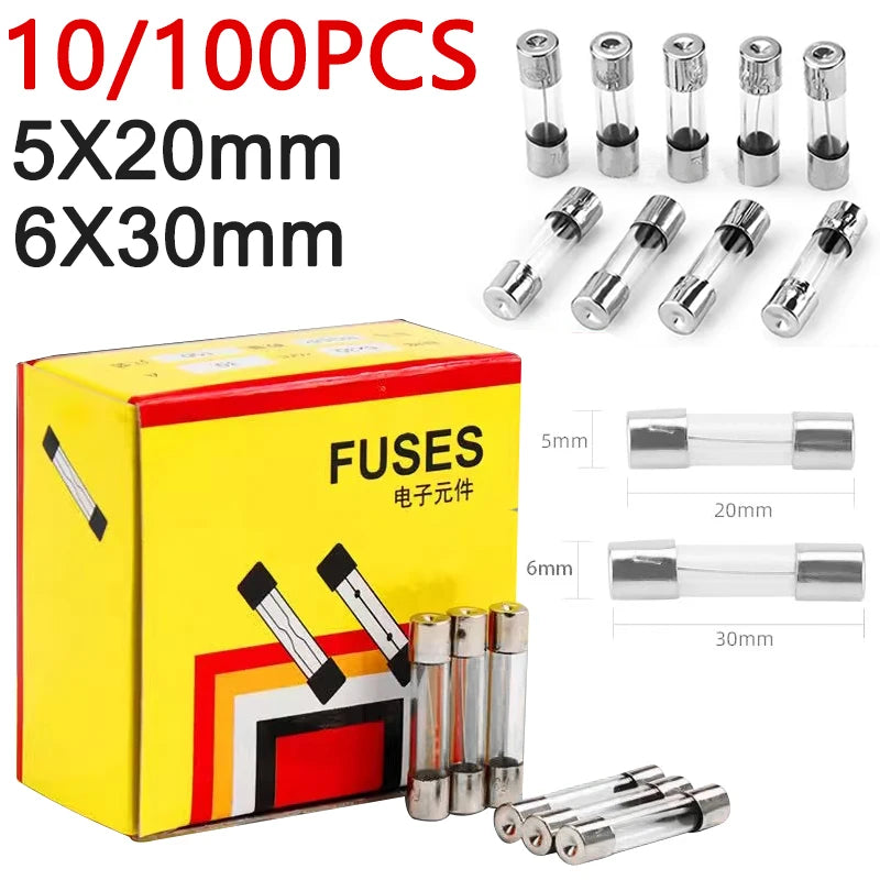 Quick Blow 5x20mm 6x30mm Glass Fuse 250V 0.1A 0.2A 0.5A 1A 2A 3A 4A 5A 6A 7A 8A 10A 12A 15A 20A 30A