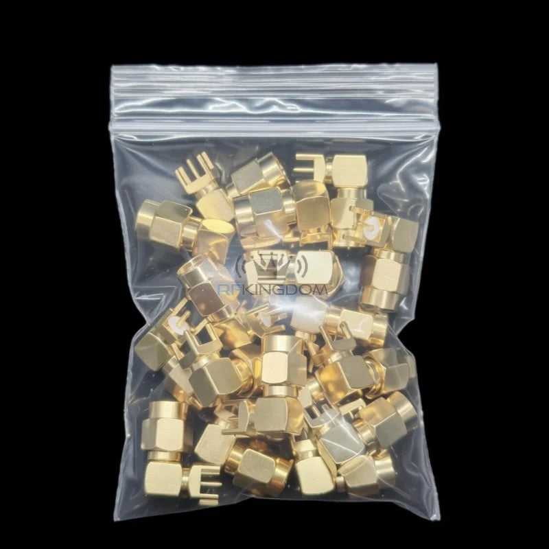 50Pcs Brass SMA PCB Female Connector 90 Degree Angle Gold-Plated RF Socket RP-SMA PCB Mount 4 Pins Stand