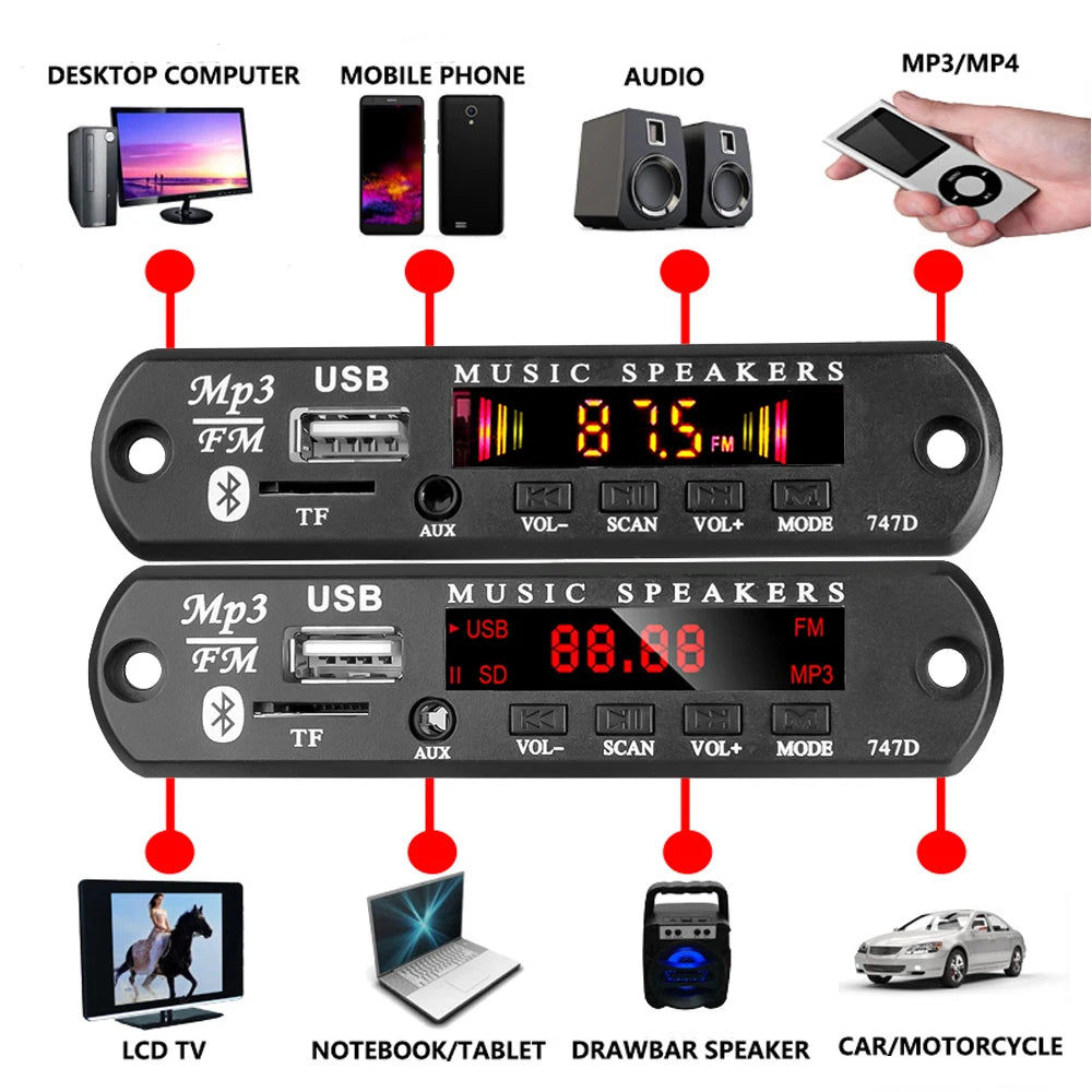 KEBIDU Bluetooth 5.3 MP3 Player DC 12V MP3 Decoder Board Car Wireless Music Player Folder Switching USB TF FM Radio For Speaker