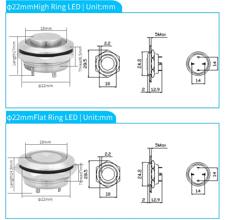 12mm 16mm 19mm 22mm Ultra Short Micro Stroke Stainless Steel Push Button Switch with LED Lamp Waterproof Self-reset/Momentary