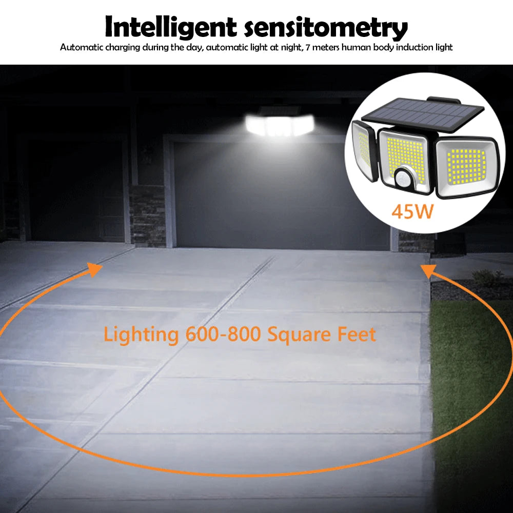 3 Heads Solar Motion Sensor Lights 236/223LED Solar Security Flood Lights Waterproof 3 Modes Wall Light Garden Yard Patio Pathwa