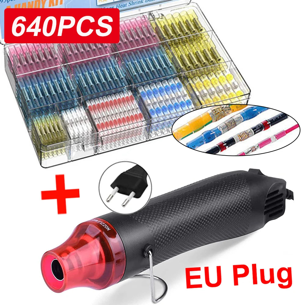 640/250PCS Waterproof Heat Shrink Butt Crimp Terminals Solder Seal Electrical Wire Cable Splice Terminal Kit with Hot Air Gun