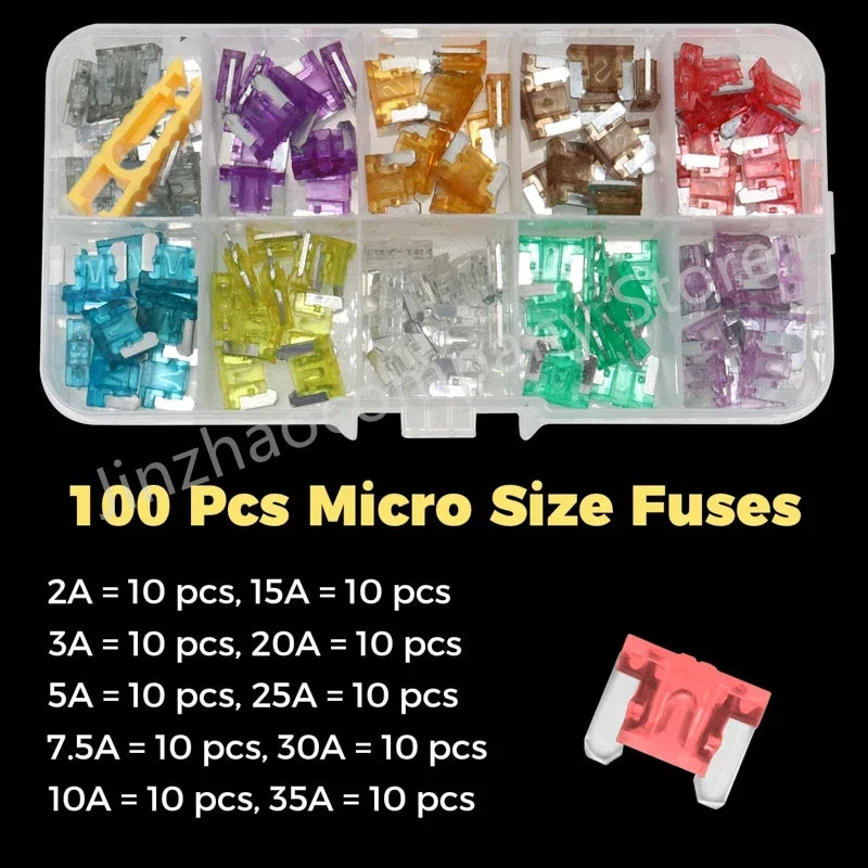 100/50pcs Car Truck Micro Blade Fuses 2A 3A 5A 7.5A 10A 15A 20A 25A 30A 35A AMP Plastic Box Assortment with Clip