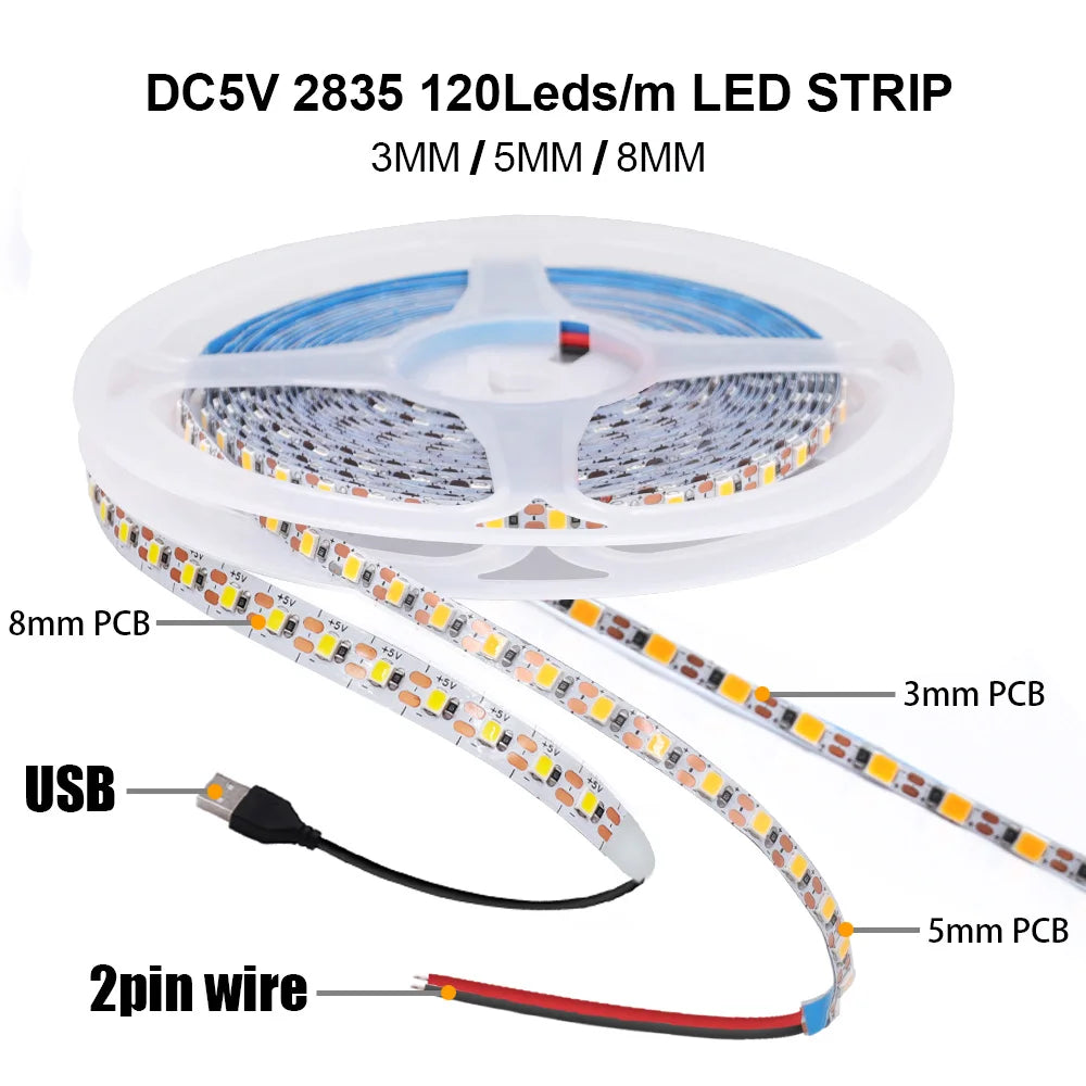 3mm 5mm PCB LED Strip Light Ultra Thin 1 LED Cut 5V 2835 120LEDs/m 8mm Flexible Tape DC IP21 Not Waterproof Warm Natural White