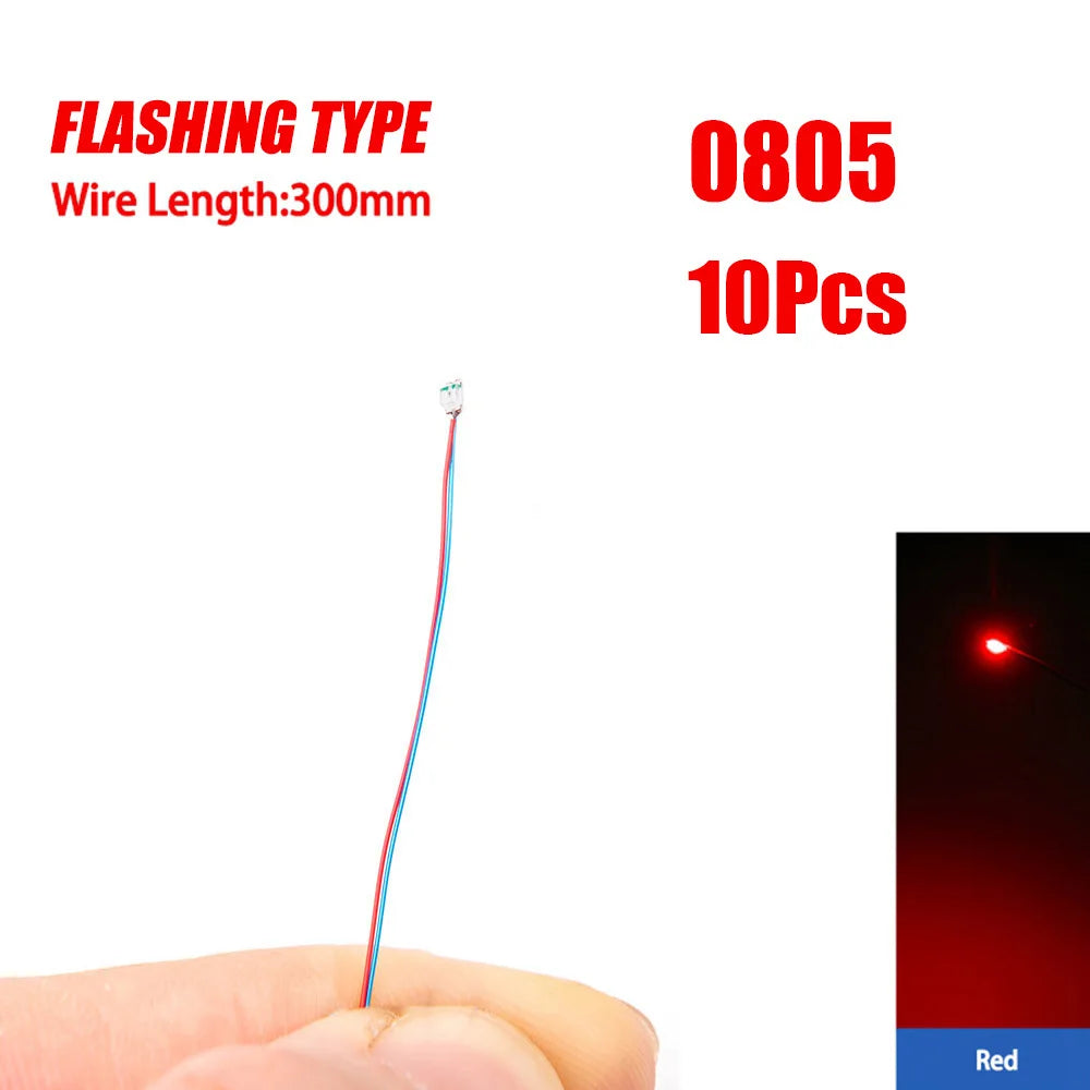 10Pcs 0805 Flashing LED SMD Wire for Model Train HO N OO Scale Red Blue Line Pre-soldered Micro Litz Railway DIY Kit 3V 30cm