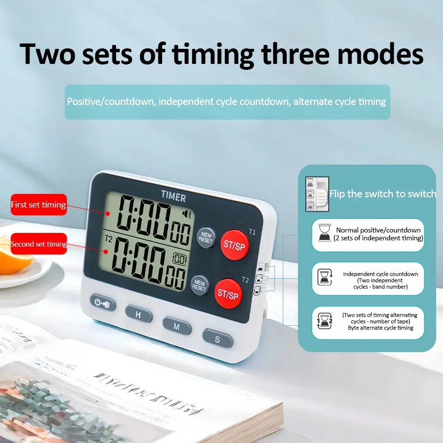 Digital Dual Kitchen Timer with Magnetic Back & Memory Presets, 2 Groups Countdown/Up Stopwatch Timer for Cooking, Baking
