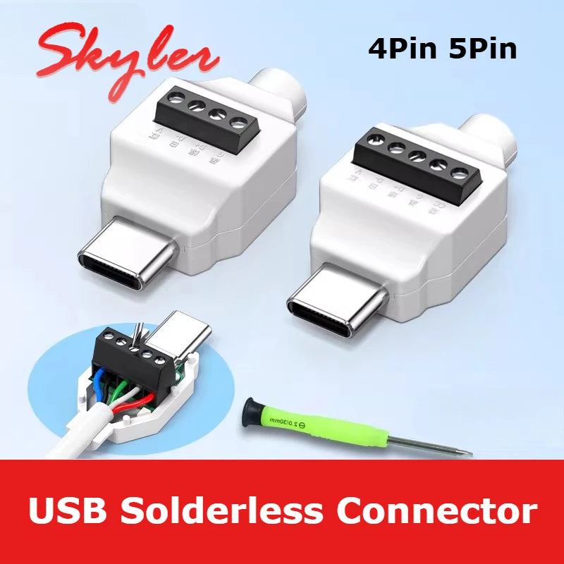 USB Solderless Plug 4Pin 5Pin Connector 66W Super Fast Charging Cable Type C Solderless Small Plug USB C Data Cable Connector