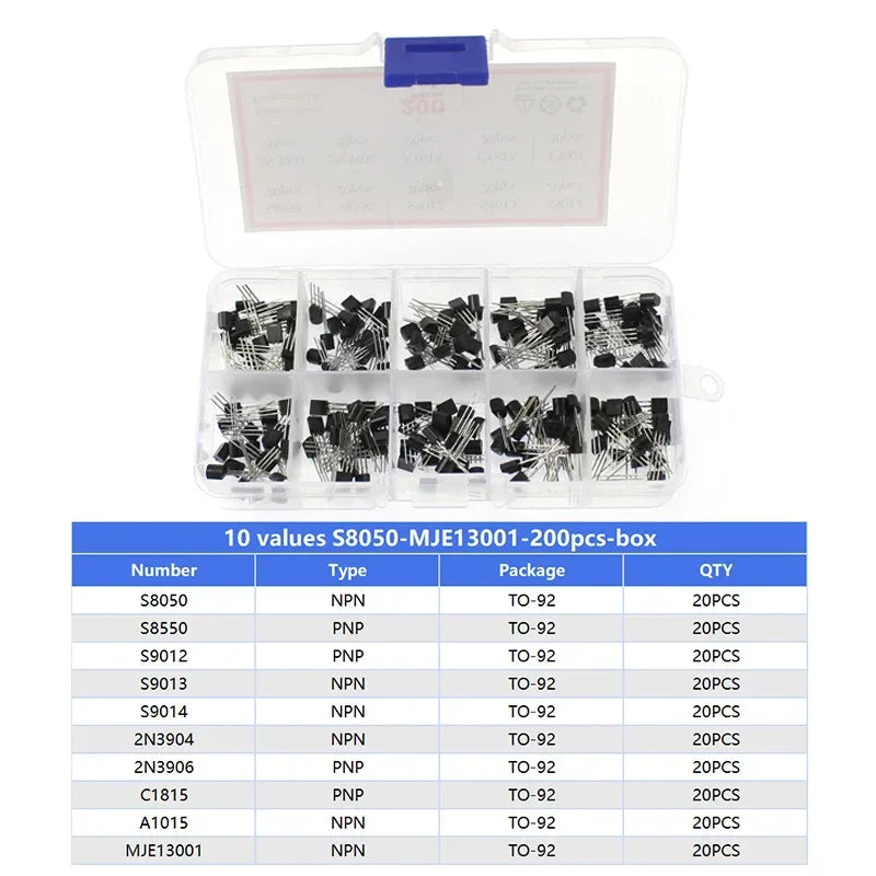 Transistor Assortment Kit TO92 PNP/NPN A1015 BC327 BC337 C1815 S8850 2N2222 2N2907 2N3904 2N3906 for Electronics DIY Repair