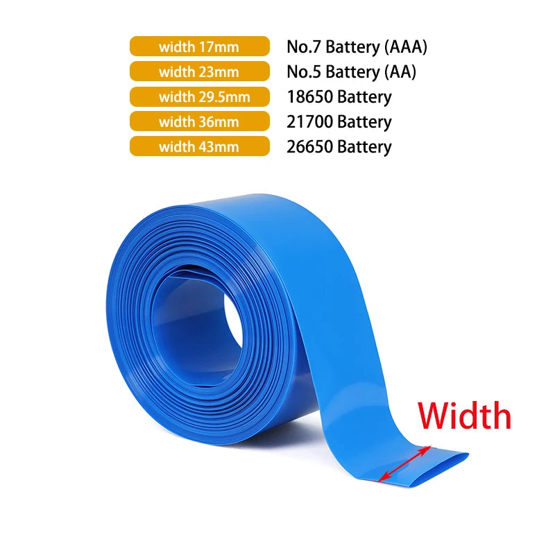 Width 17mm ~ 200mm Blue PVC Heat Shrink Tube 18650 Battery Wrap Battery Pack Insulated Cable Protector Sleeve Lithium Film Case