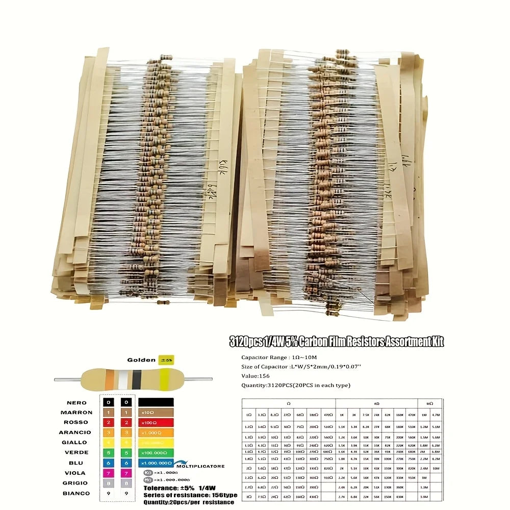 3120pcs 156 Values 1 -10M Ohm 1/4W 5% Carbon Film Resistors Assortment Kit Electronic Components