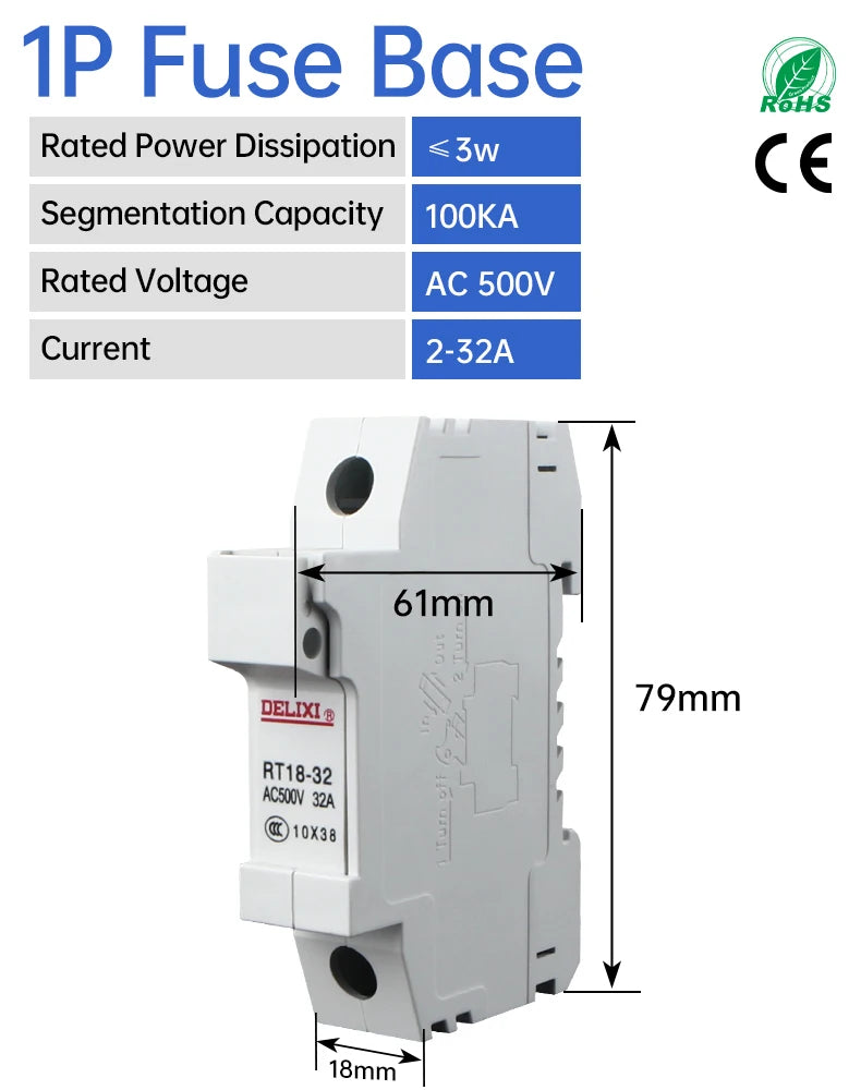 DELIXI RT18-32 1P Series Fuse Fusible Core Kit 500VAC 2-32A Ceramic Fuse NH00/gG Type For Circuit Breaker and Load Protection