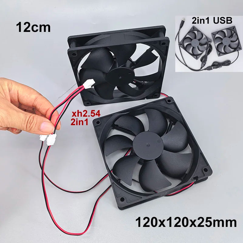 2 in 1 120mm 12cm 12025 DC USB Fan  5V 12V 24v 120mm*120mm*25mm Brushless USB Cooling Fan oil 2PIN PC Case Cooler 12cm E