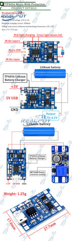 Micro USB 5V 1A 18650 TP4056 Lithium Battery Charger Module Charging Board With Protection + MT3608 2A DC-DC Step Up Converter