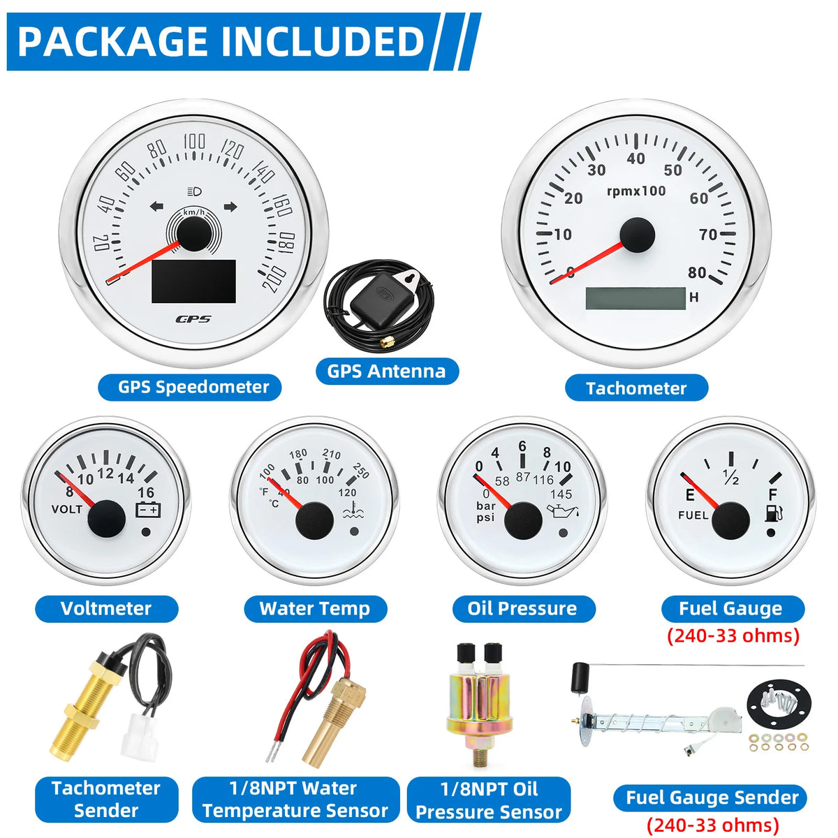6 Gauge Set 85mm GPS Speedometer Tachometer 52mm Water Temp Fuel Voltmeter Oil Pressure Meter With 1/8 NPT Sensor For Boat Car