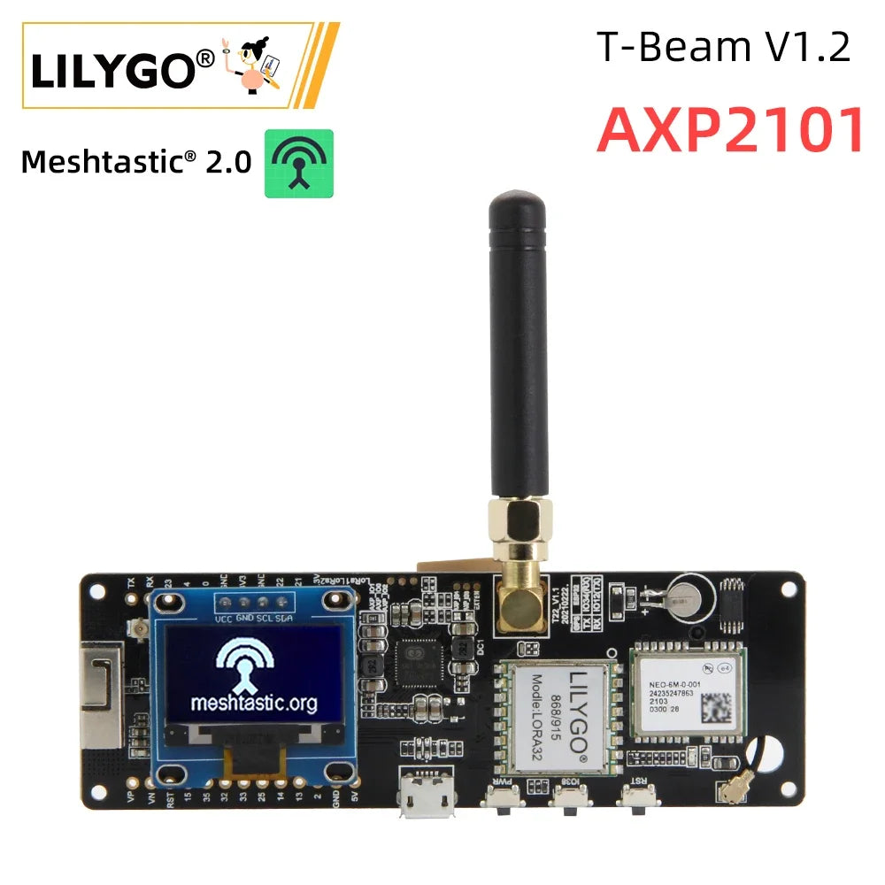 LILYGO® TTGO Meshtastic T-Beam V1.2 ESP32 LoRa Development Board 433MHz 868MHz 915MHz 923MHz WiFi BLE GPS OLED Display AXP2101