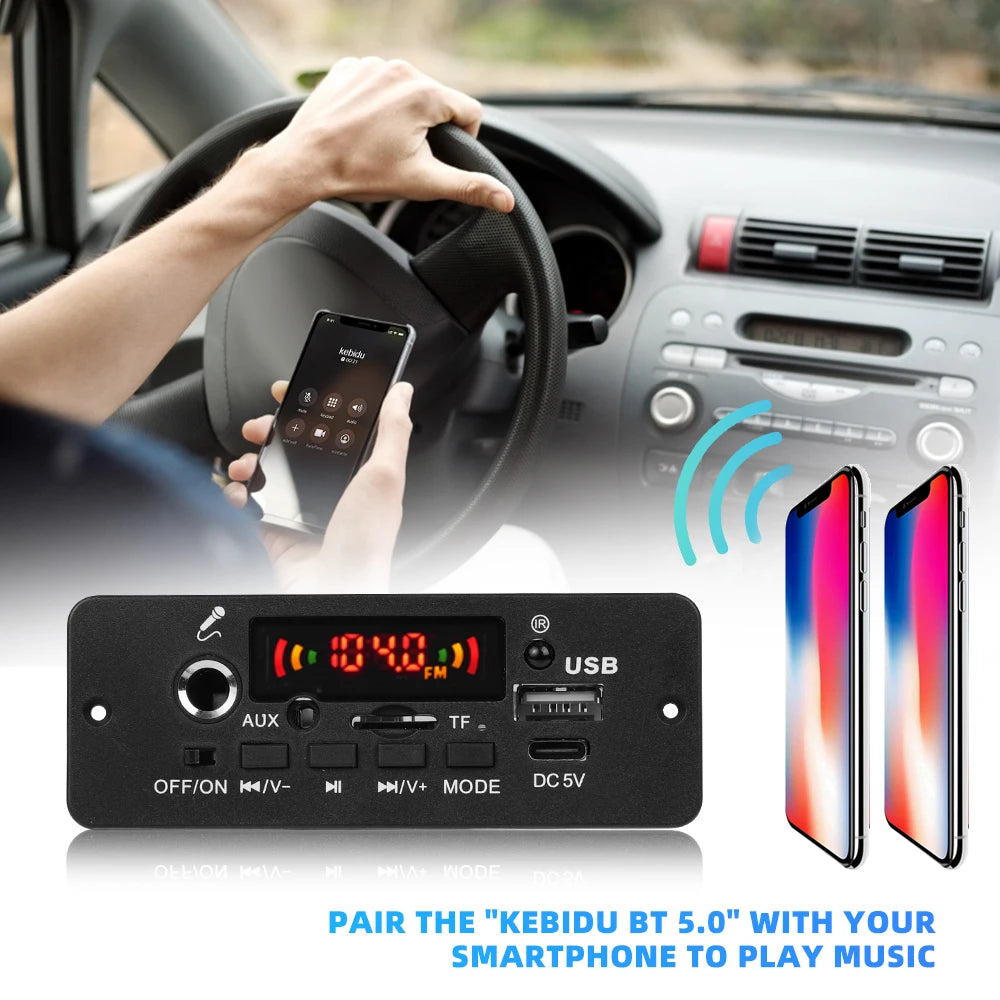 Kebidu 10W Digital Amplifier MP3 Decoder Board DC 5V Bluetooth 5.0 FM Support Microphone Car MP3 Player with Remote Controller