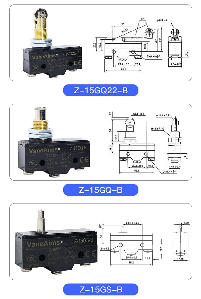 Z-15 Micro Limit switch Travel Switch Small Horizontal Roller Lever 15A 250V 1NO1NC Normally Open Normally Closed Travel Switch