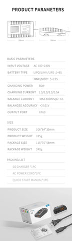 ToolkitRC C6 AC Balance Charger EU Plug 50W Max 5A For 1-6S LiPo LiHV LiFe Battery 5-12S NiMH NiCD RC FPV Drone Model Charger