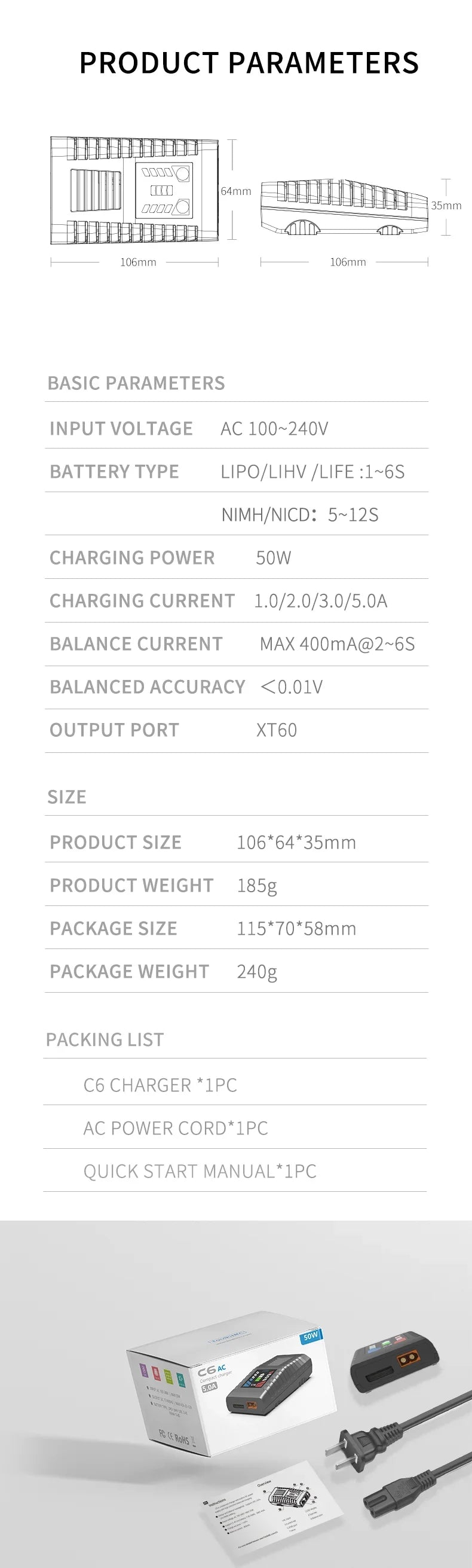 ToolkitRC C6 AC Balance Charger EU Plug 50W Max 5A For 1-6S LiPo LiHV LiFe Battery 5-12S NiMH NiCD RC FPV Drone Model Charger