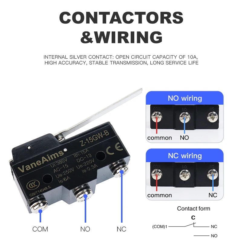 Z-15 Micro Limit switch Travel Switch Small Horizontal Roller Lever 15A 250V 1NO1NC Normally Open Normally Closed Travel Switch