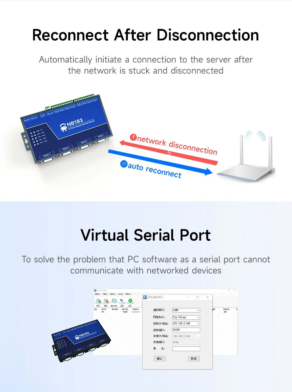 RS485/232/422 to RJ45 CDEBYTE NB183E/ES/S-V2 8-Channel Serial Server ModBus RTU to TCP Build-in Watchdog MQTT HTTP