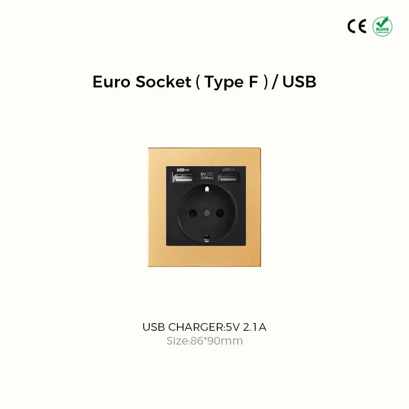 Avoir Metal Panel Toggle Switch 2 Way Gold Copper Lever Wall Power Socket European Plug Usb Type C Charging Port Lighting Dimmer