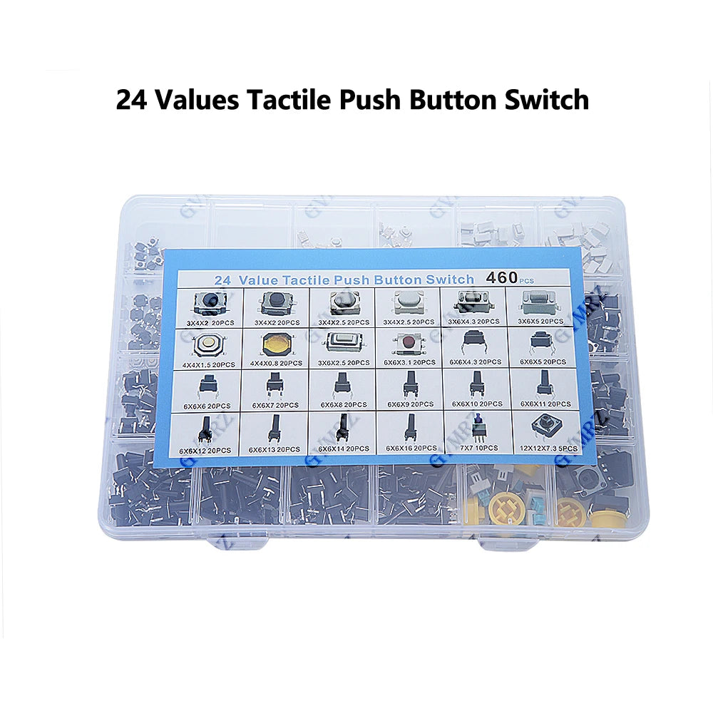 460PCS 24 Values Tactile Push Button Switch Tact Switch Assortment Kit for Car Remote Control with Box SMD Micro Momentary