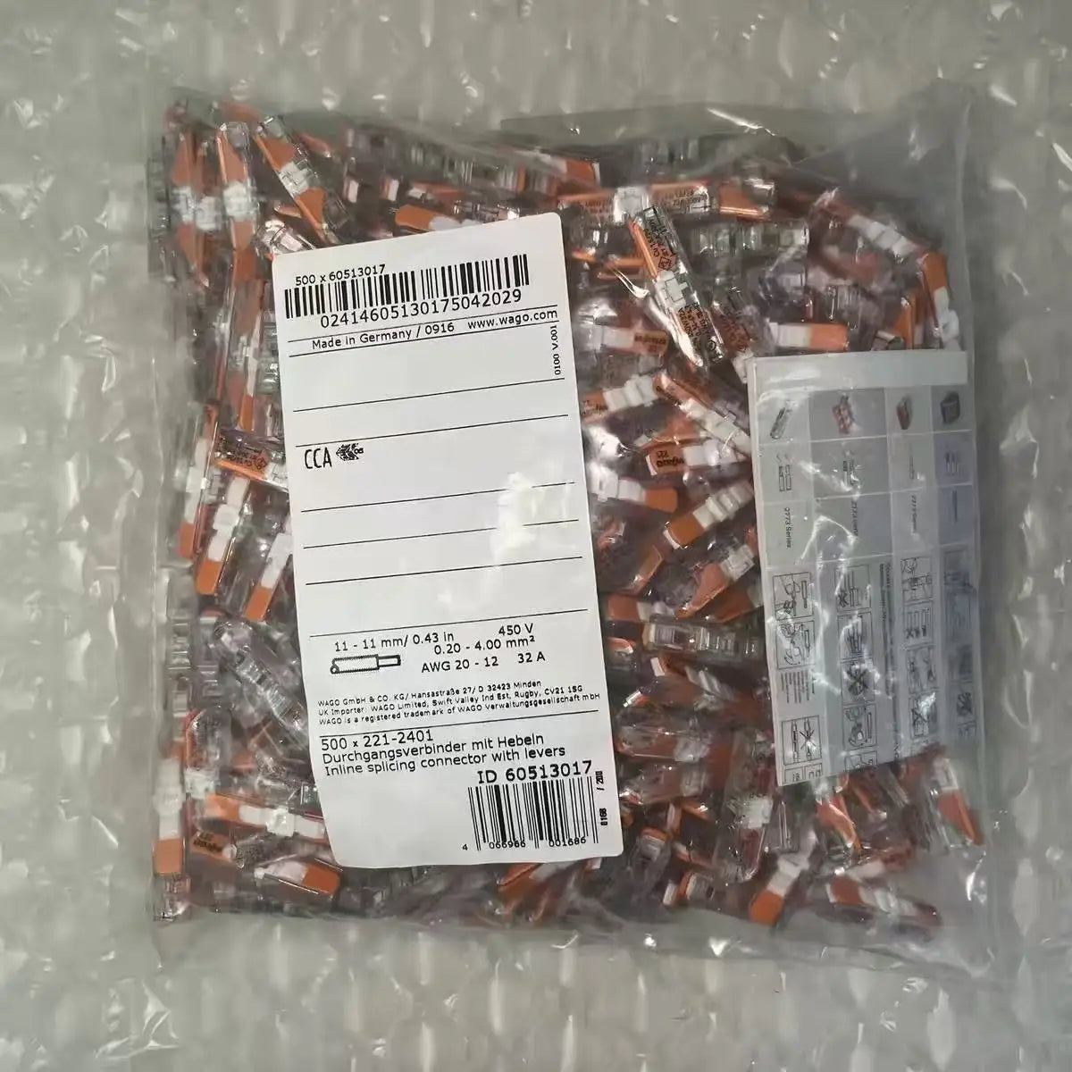 WAGO 221 Series 500 Pieces Bulk Bag, Reusable Push‑in Wire Splicing Connectors, Home & Industrial Electrical Wiring Terminals