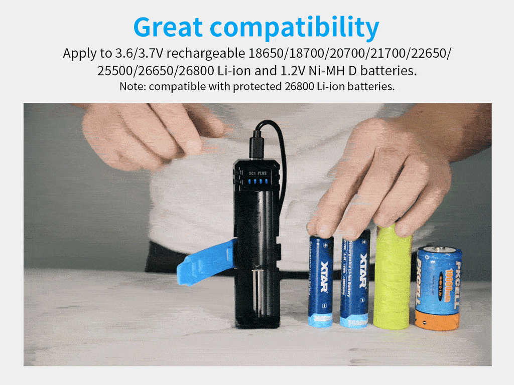 XTAR 26800 Battery Charger QC PD USB C 3A Fast Charging 21700 26650 26800 NiMH D Batteries 10W Power Bank 18650 Charger SC1 PLUS