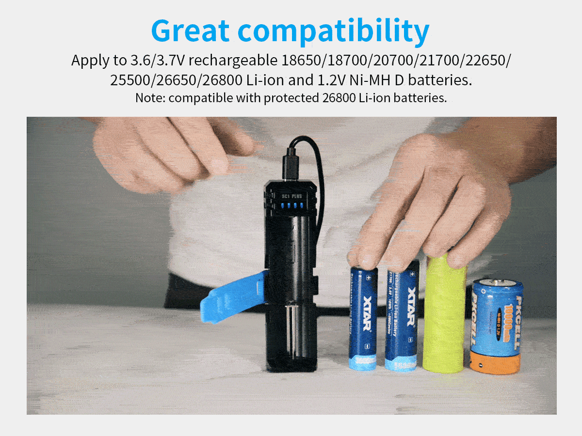 XTAR 26800 Battery Charger QC PD USB C 3A Fast Charging 21700 26650 26800 NiMH D Batteries 10W Power Bank 18650 Charger SC1 PLUS