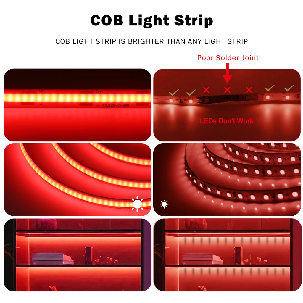 5V Flexible COB LED Strip Light 320LEDs/m White/Red/Blue/Green USB Power with Dimmer/Switch Adhesive Tape Cabinet Room Lighting