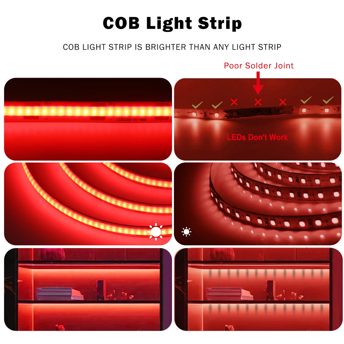 5V Flexible COB LED Strip Light 320LEDs/m White/Red/Blue/Green USB Power with Dimmer/Switch Adhesive Tape Cabinet Room Lighting