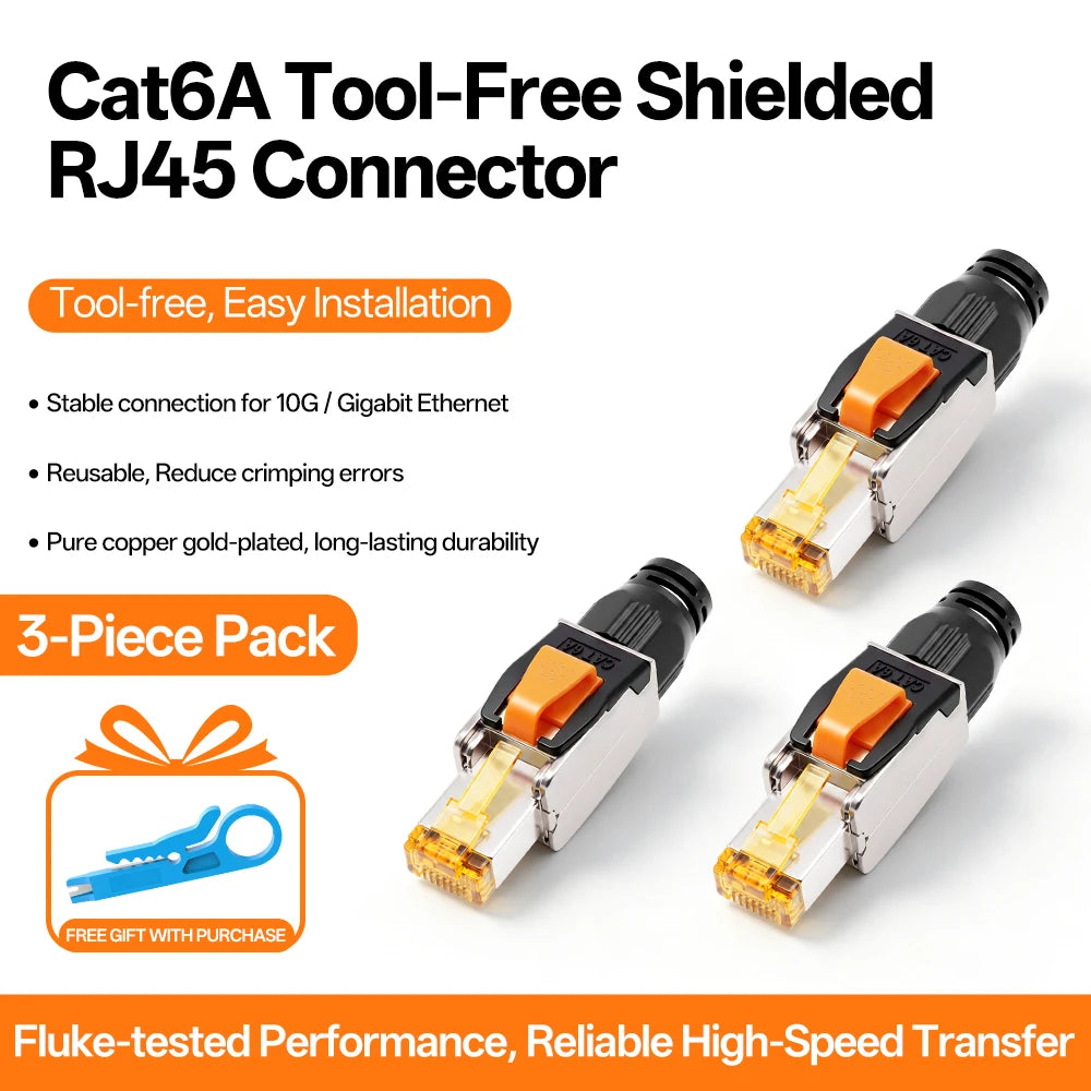 BYXGD CAT6A Tool‑Free Shielded RJ45 Connector 10Gbps 500MHz Reusable STP Ethernet Plug No Crimp Tool for 22‑26AWG Network Cable