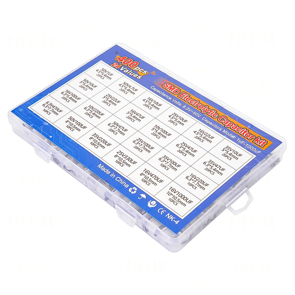 24Values 400PCS capacitor kit Aluminum Electrolytic SMD condensadores electrolíticos igmopnrq 1uF~1000uF 6.3V-50V with box kit