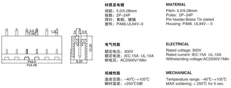 5Pairs 5.08mm Terminal Block 2/3/4/5/6/7/8/9/10/12P Screw Plug-in PCB Terminal Block Open Pin Male/Female Pluggable Connector