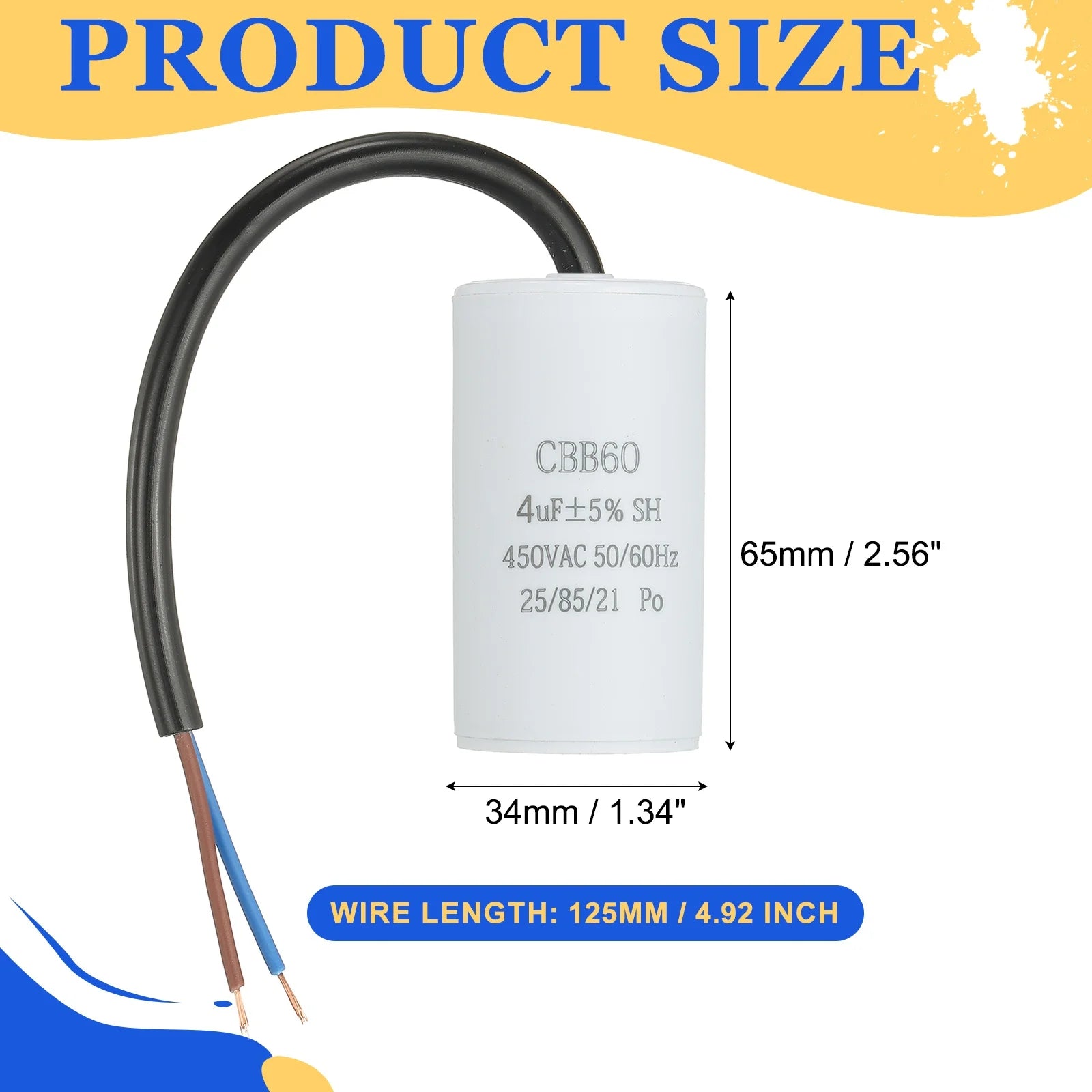 1Pcs CBB60 Run Capacitor 3uf-100uf 450V AC 2 Wires 50/60Hz Cylinder White for Air Compressor Water Pump Motor