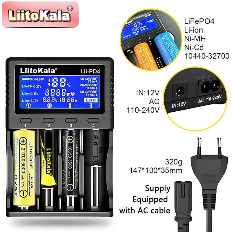 Liitokala Lii-PD4 Lii-PD2 18650 Battery Charger for 1.2V 3.7V NiMH 26650 21700 18350 18500 14500 AA AAA LiFePO4 Batteries