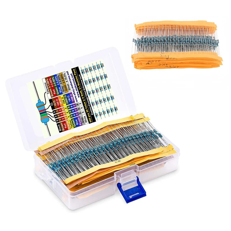 600pcs 1% Resistor Set Resistance 1/4W Metal Film Resistors Kit 10Ohm ~1M Ohm 30Values Electronic Components Kit