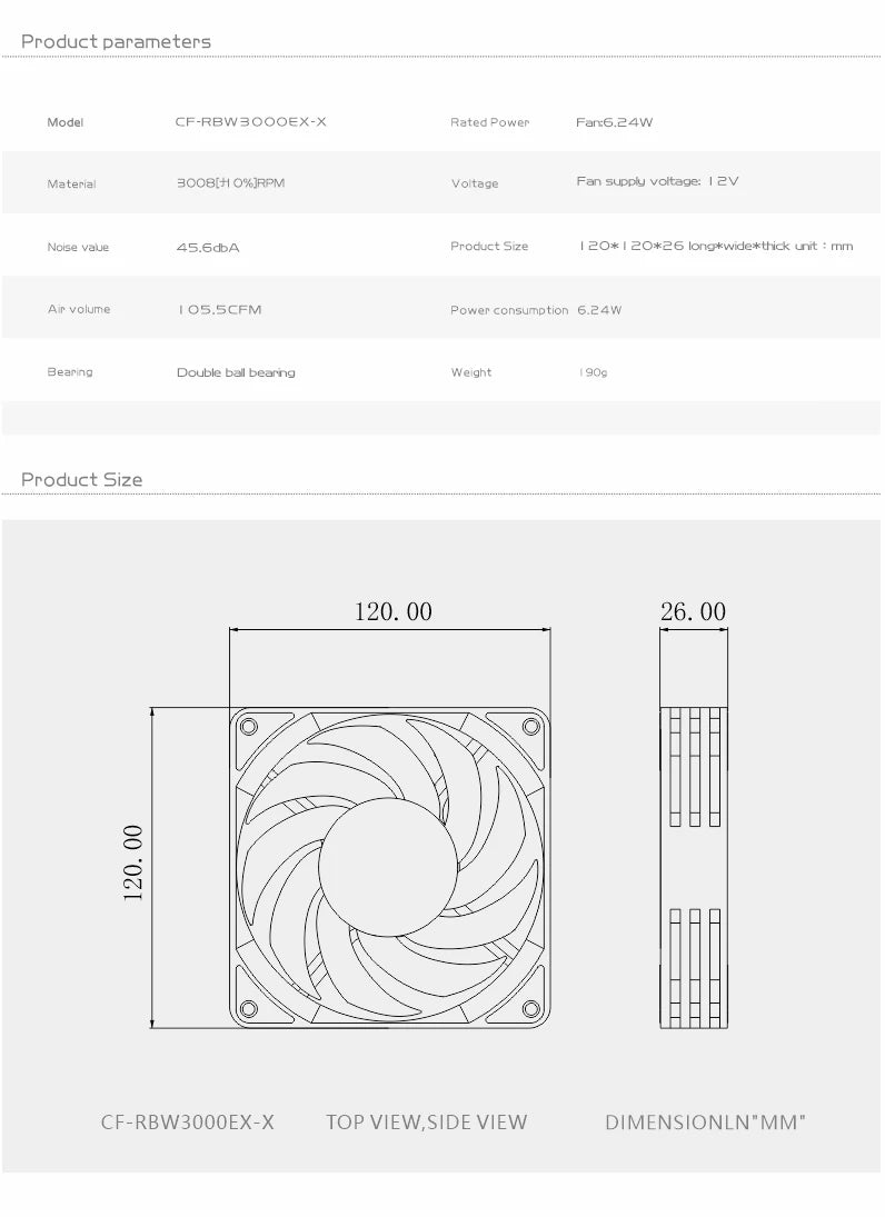 Bykski 120mm Fan Use for Water Cooling Radiator Computer PC Case 3008RPM Heatsink  Support PWM  CF-AP3000EX-X / CF-RBW3000EX-X