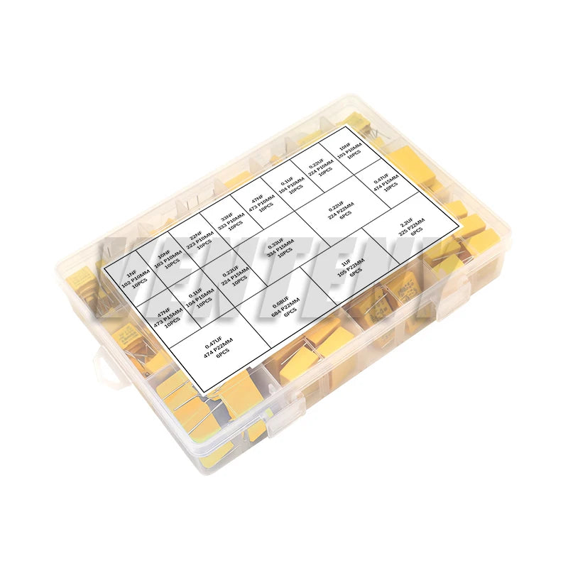 160pcs/Lot Polypropylene Film X2 Safety Capacitor Assorted Kit 275VAC 18Values 102K-225K 1NF-2.2UF Sample Set
