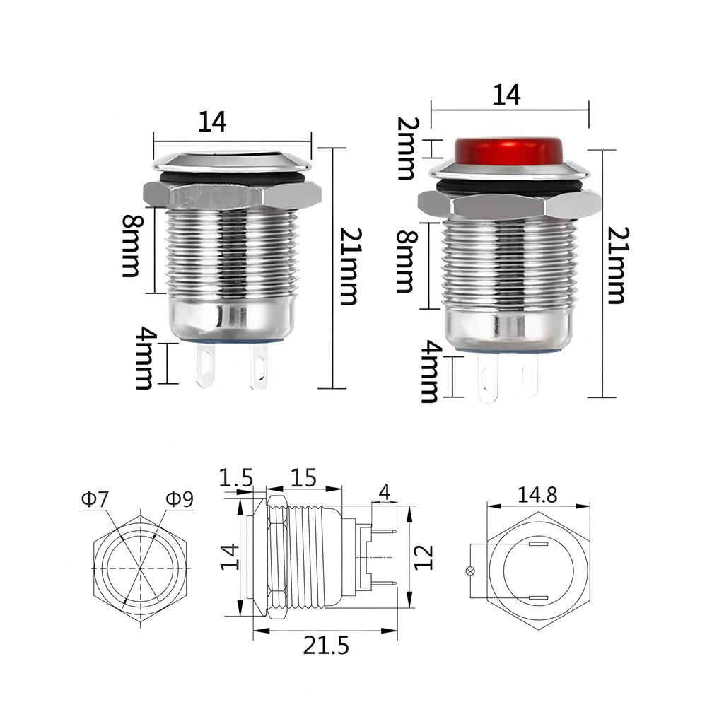 12mm Metal Button Switch Waterproof 1NO 3A High Head Momentary Suitable for Doorbells Car Start Horns Computer Automatic Reset